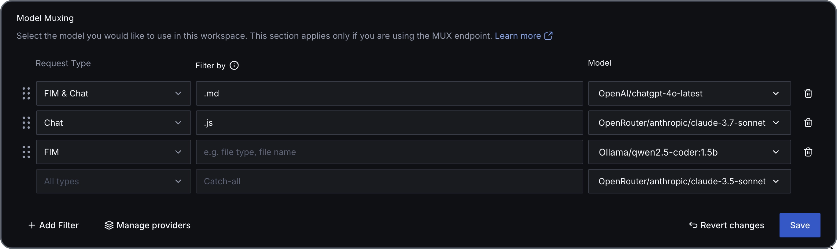 Example muxing rules An example showing several muxing rules for different file types